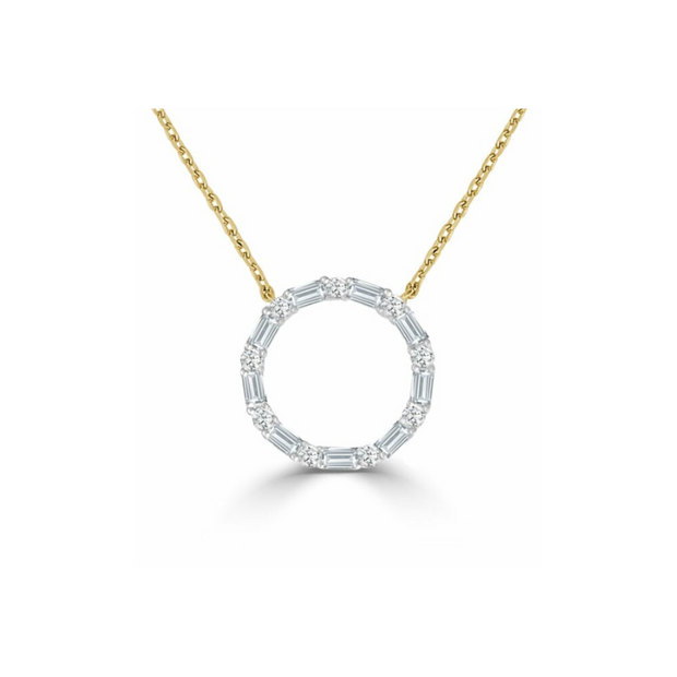 14k Two Tone Gold Baguette and Round Diamond Pendant Necklace