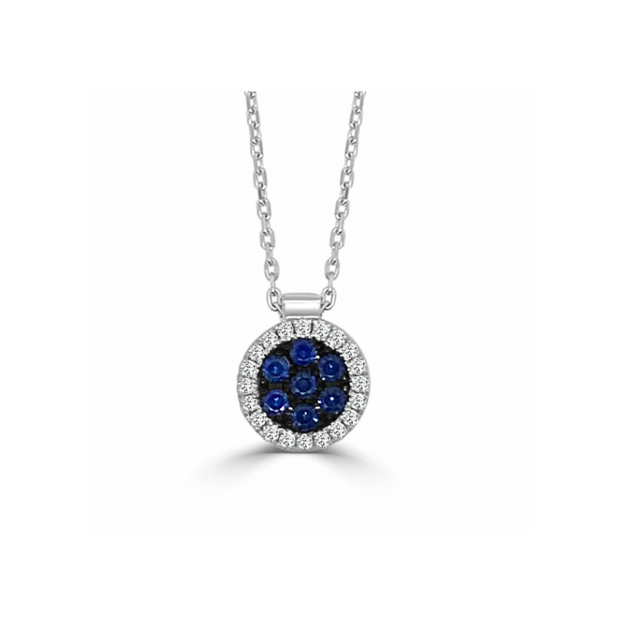 14k White Gold Blue Sapphire and Diamond Cluster Pendant Necklace