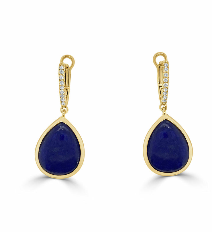 14k Yellow Gold Pear Cut Lapis and Diamond Drop Earrings