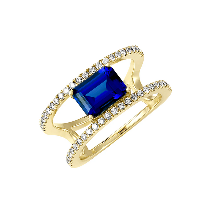 14K Yellow Gold Chatham Lab Grown Blue Sapphire & Diamond Ring