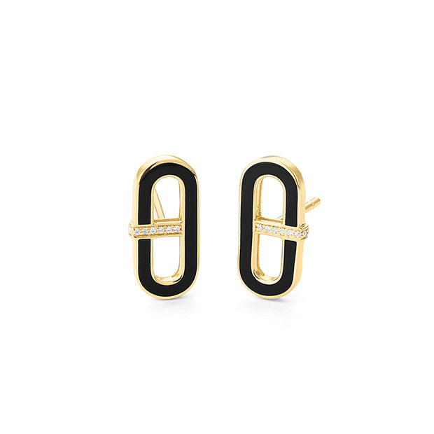 14K Yellow Gold Diamond and Black Enamel Oval Stud Earrings, 0.03ctw