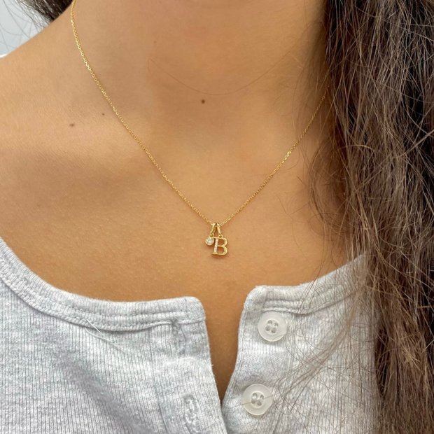 14K Yellow Gold Diamond Initial Pendant & Diamond Charm Necklace