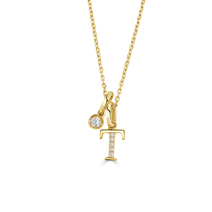 14K Yellow Gold Diamond Initial Pendant & Diamond Charm Necklace