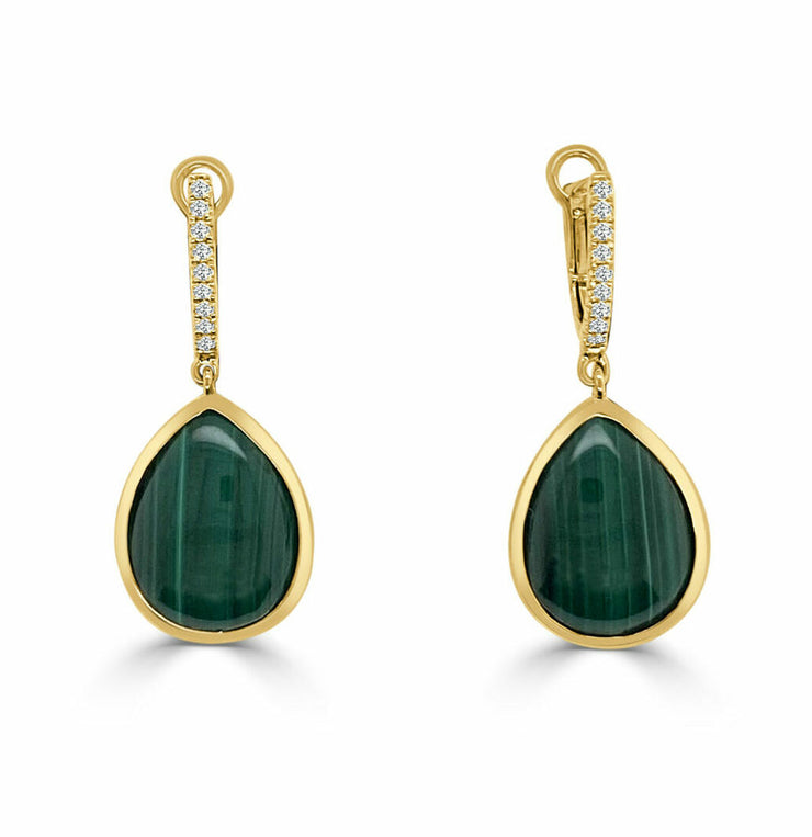 14k Yellow Gold Pear Cut Malachite and Diamond Drop Earrings