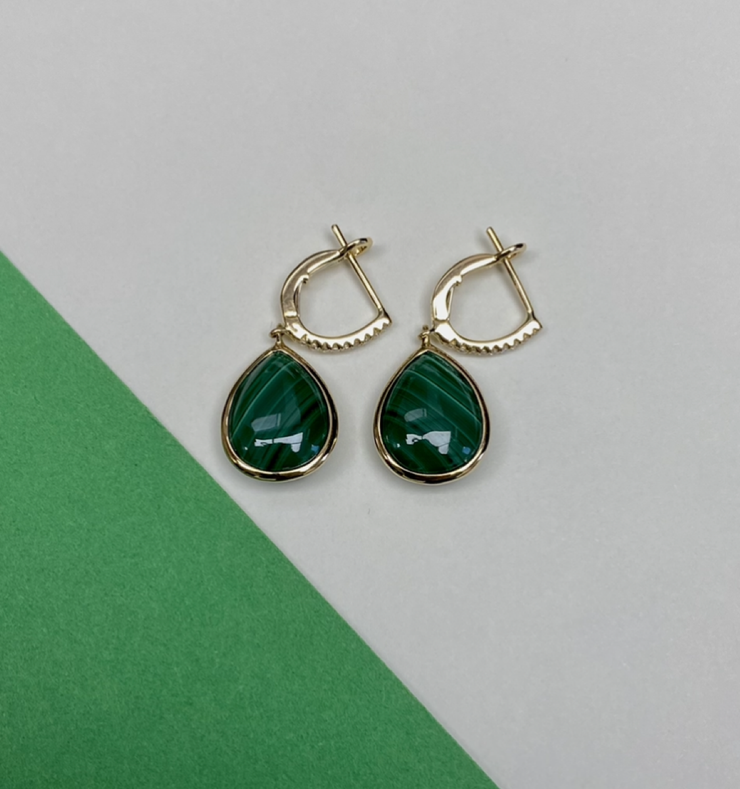 14k Yellow Gold Pear Cut Malachite and Diamond Drop Earrings