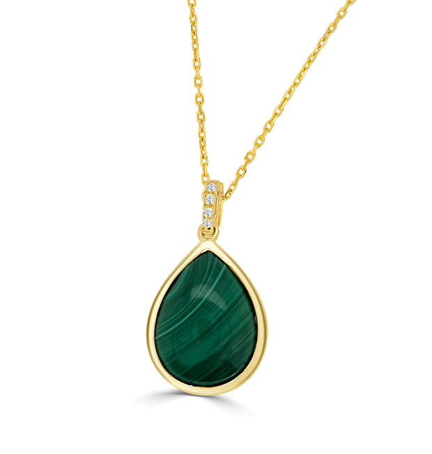 14k Yellow Gold Pear Cut Malachite and Diamond Pendant Necklace