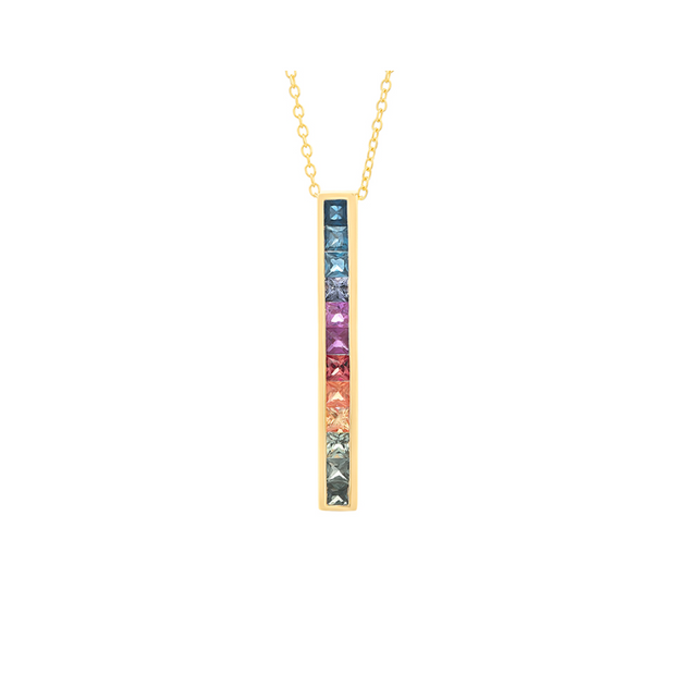 14k Yellow Gold Vertical Rainbow Sapphire Pendant, 1ctw.