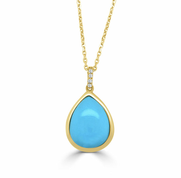 14k Yellow Gold Pear Cut Turquoise and Diamond Pendant Necklace