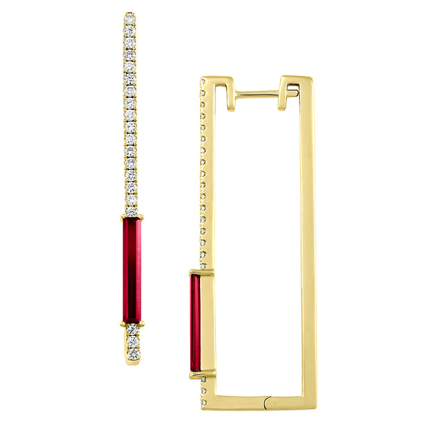 14K Yellow Gold Chatham Lab Grown Ruby & Diamond Hoop Earrings