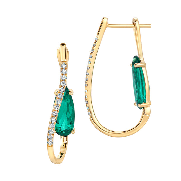 14K Yellow Gold Chatham Lab Grown Pear Emerald & Diamond Hoop Earrings