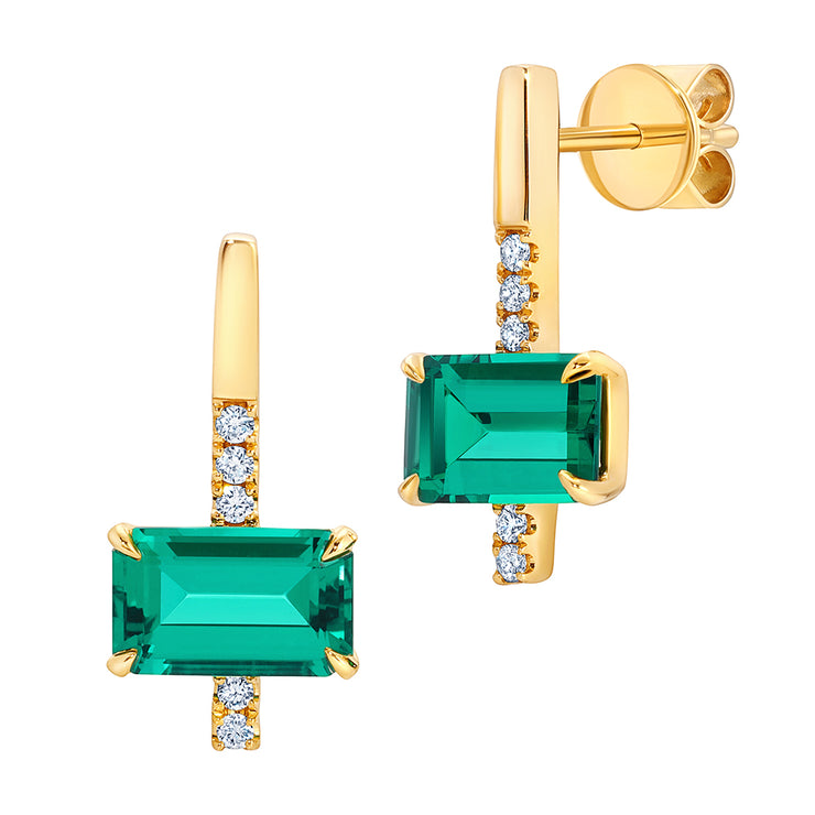 14K Yellow Gold Chatham Lab Grown Emerald & Diamond Drop Earrings