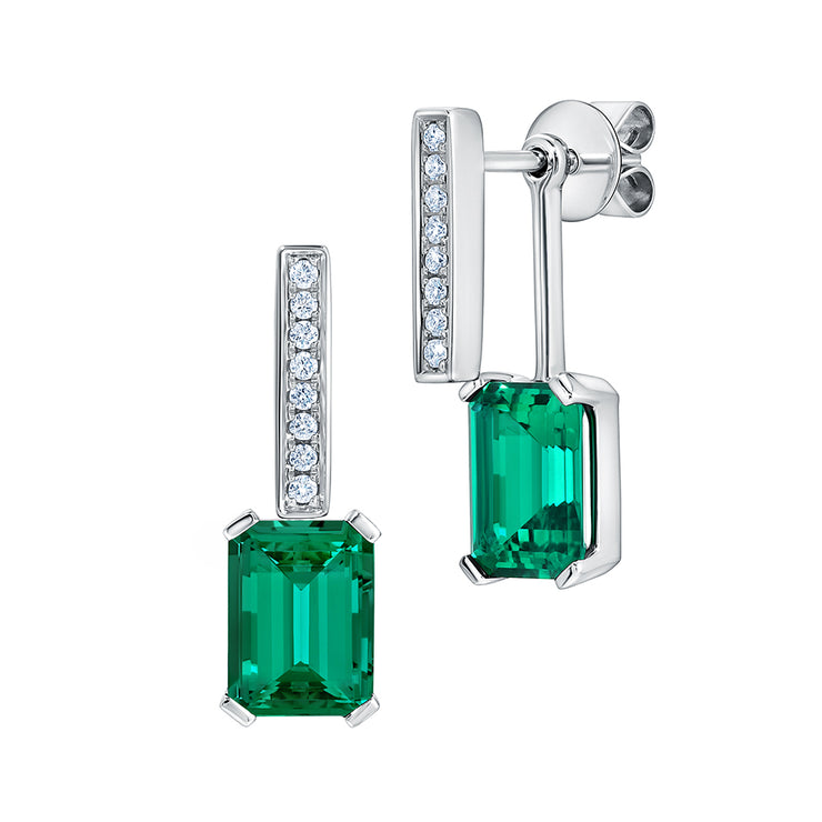 14K White Gold Chatham Lab Grown Emerald & Diamond Stud/Drop Earrings