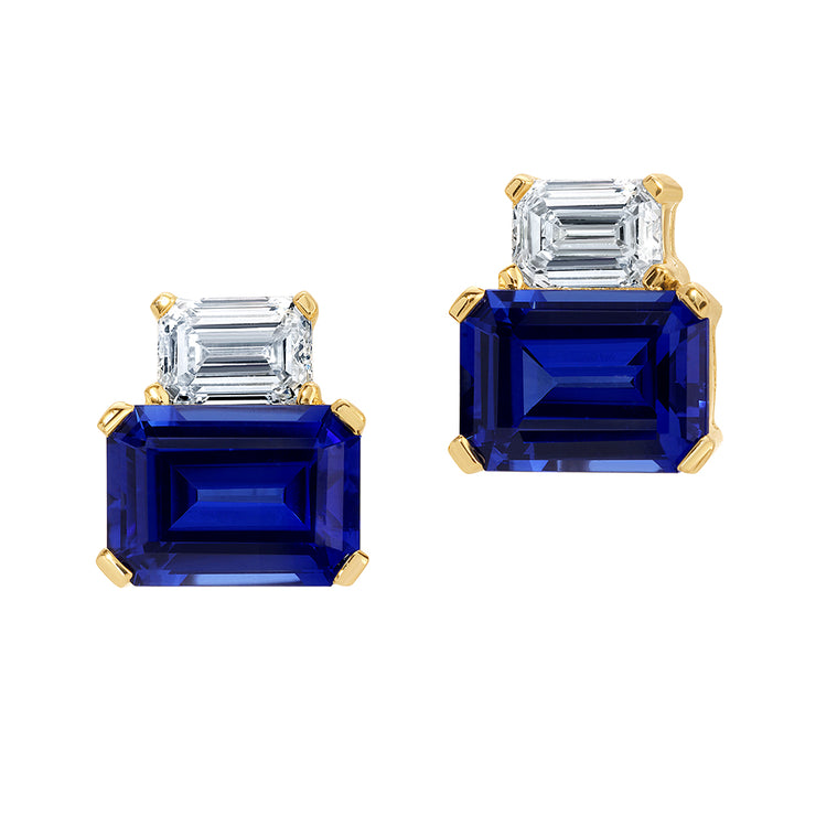 14K Yellow Gold Chatham Lab Grown Blue Sapphire & Diamond Stud Earrings