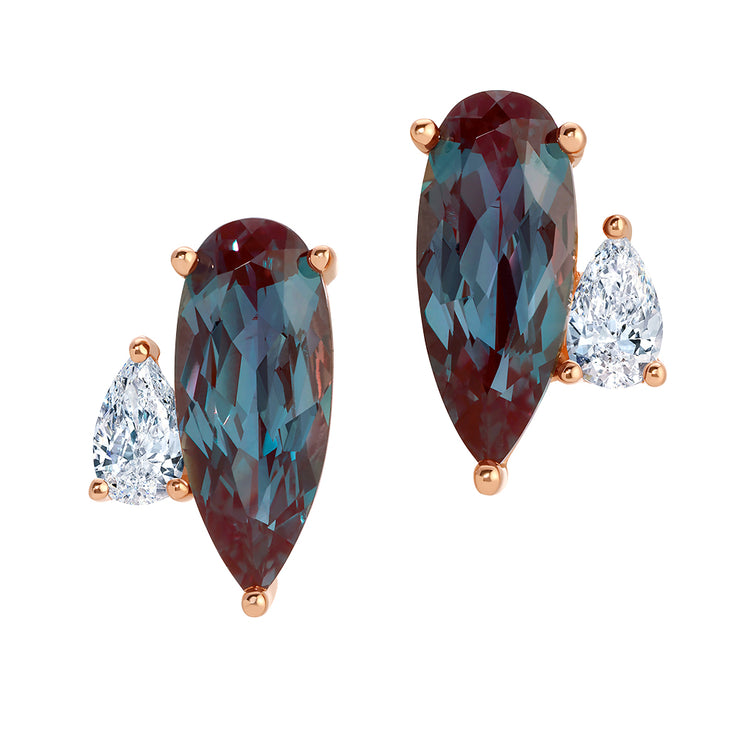 14K Rose Gold Chatham Lab-Grown Pear Alexandrite & Diamond Stud Earrings