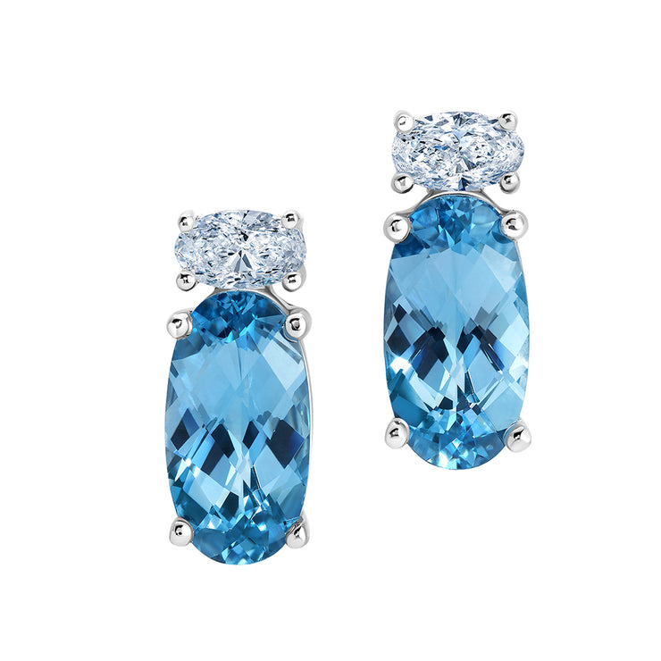 14K White Gold Chatham Lab Grown Oval Aqua Blue Spinel & Diamond Stud Earrings