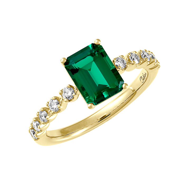 14K Yellow Gold Chatham Lab Grown Emerald & Diamond Ring