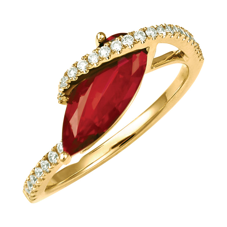 14K Yellow Gold Chatham Lab Grown Pear Ruby & Diamond Swirl Ring