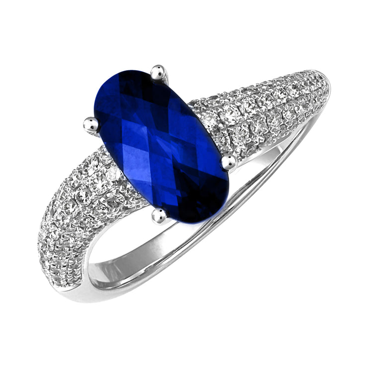 14K White Gold Chatham Lab Grown Oval Blue Sapphire & Pave Diamond Ring