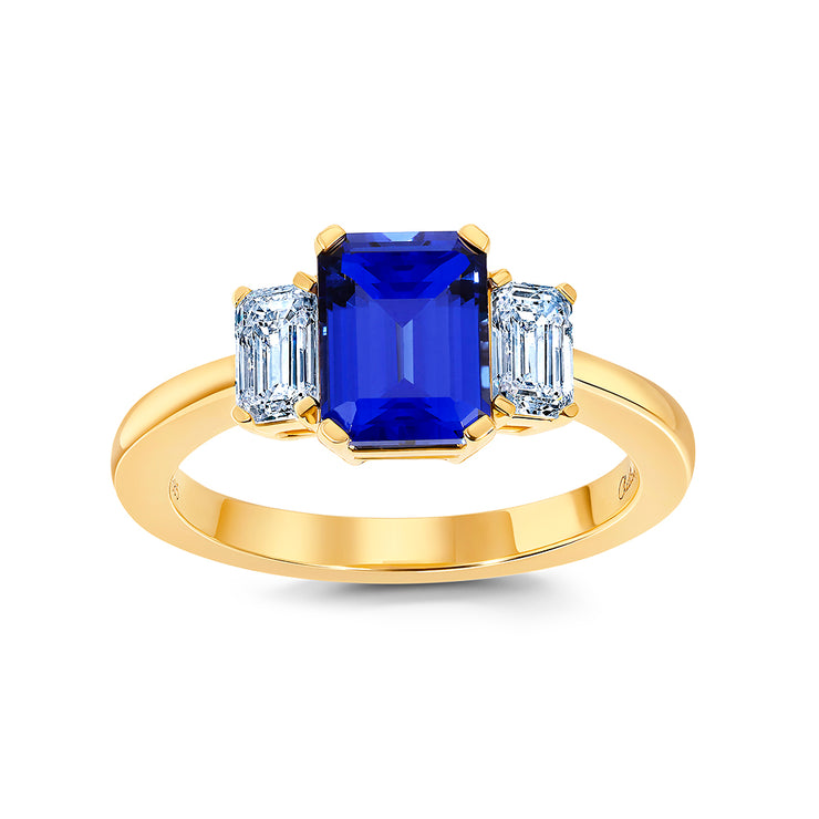 14K Yellow Gold Chatham Lab Grown Blue Sapphire & Diamond Three Stone Ring