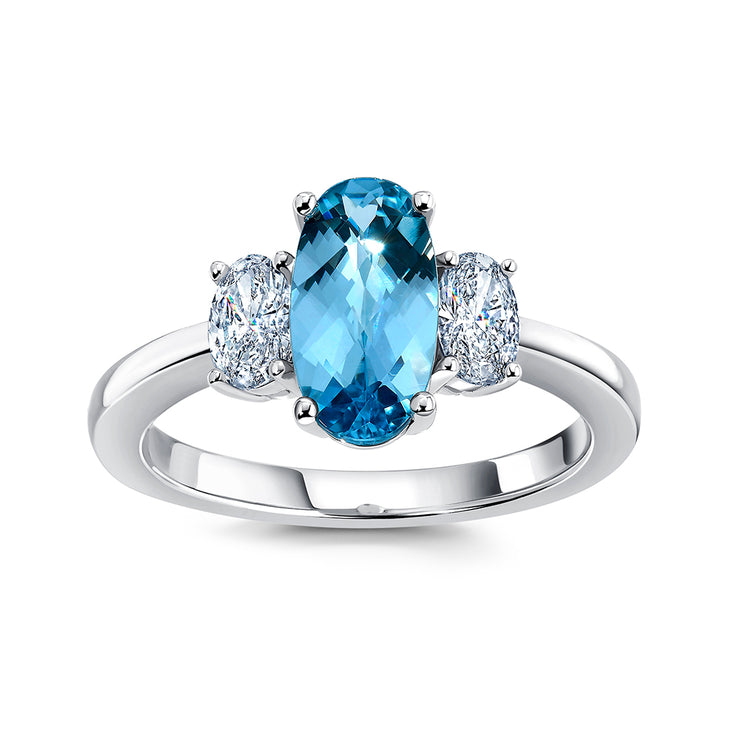 14K White Gold Chatham Lab Grown Oval Aqua Blue Spinel & Diamond Ring