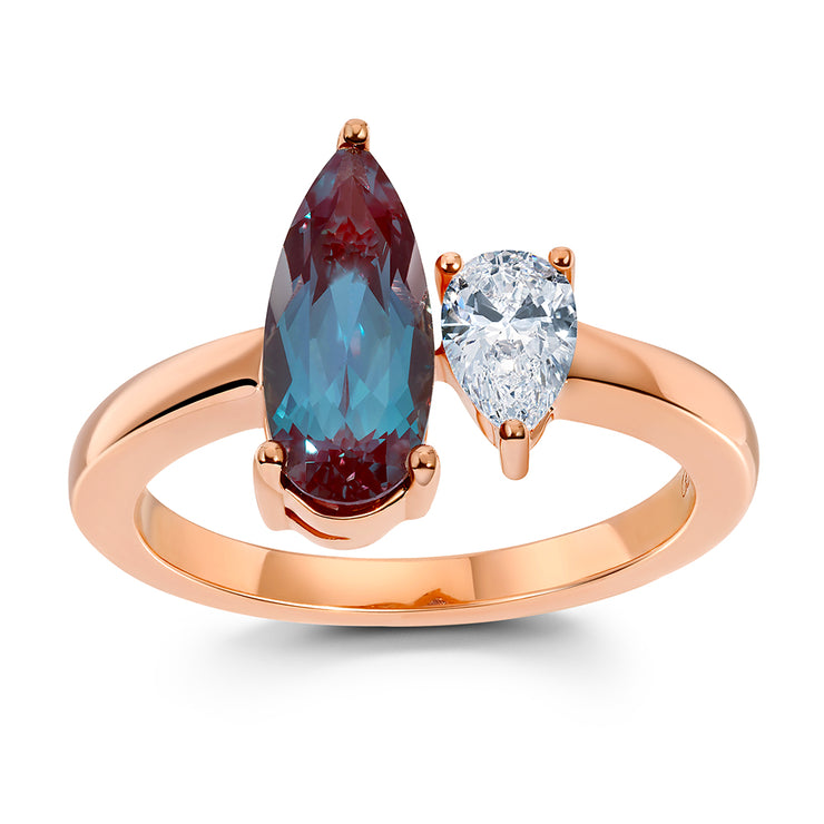 14K Rose Gold Chatham Lab Grown Pear Alexandrite & Diamond Ring