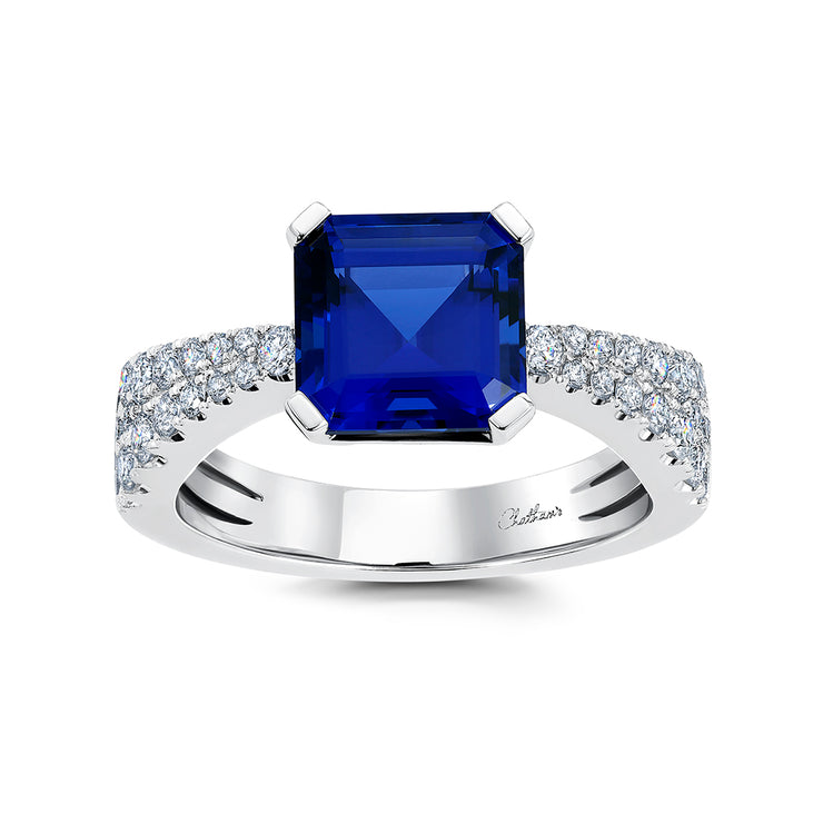 14K White Gold Chatham Lab Grown Blue Sapphire & Diamond Ring