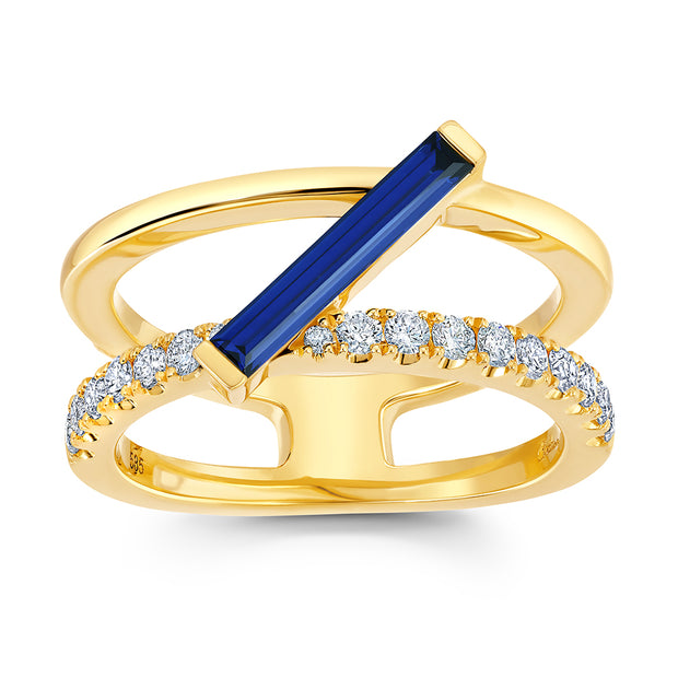 14K Yellow Gold Chatham Lab Grown Baguette Sapphire & Diamond Ring