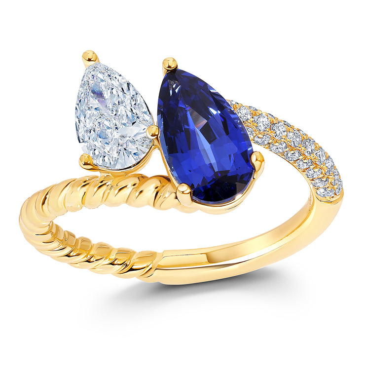 14K Yellow Gold Chatham Lab Grown Pear Sapphire & Diamond Ring