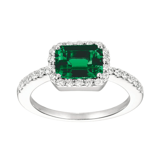 14K White Gold Chatham Lab Grown East-West Emerald & Diamond Ring