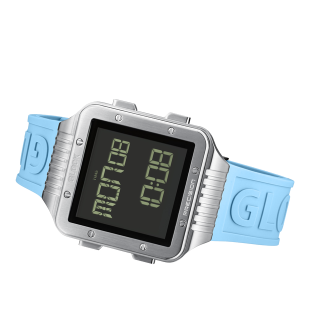 Glock Men's Stainless Steel Quartz Digital Watch-Silver & Light Blue GW-23-3-22