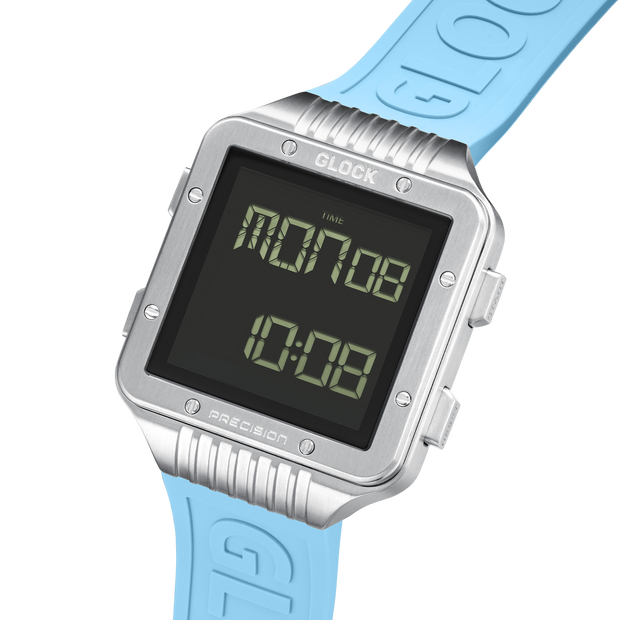 Glock Men's Stainless Steel Quartz Digital Watch-Silver & Light Blue GW-23-3-22