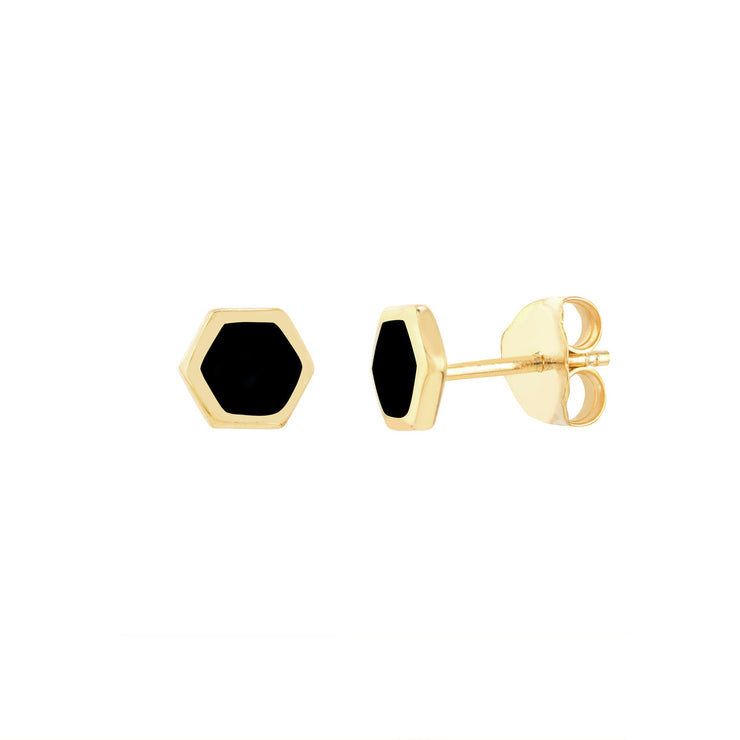 14k Yellow Gold Onyx Enamel Hexagon Stud Earrings