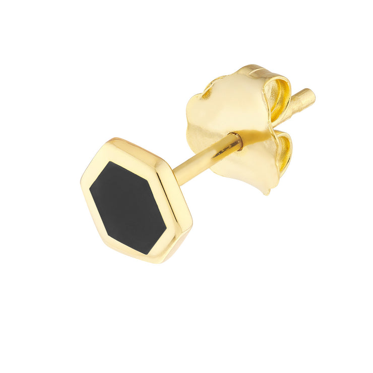 14k Yellow Gold Onyx Enamel Hexagon Stud Earrings