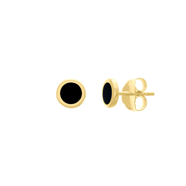 14k Yellow Gold Onyx Enamel Circle Stud Earrings