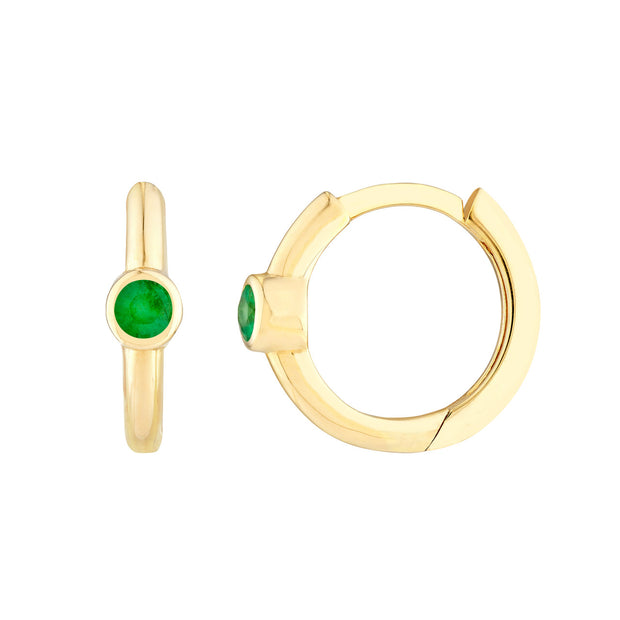 14k Yellow Gold Emerald Bezel Mini Hoop Earrings